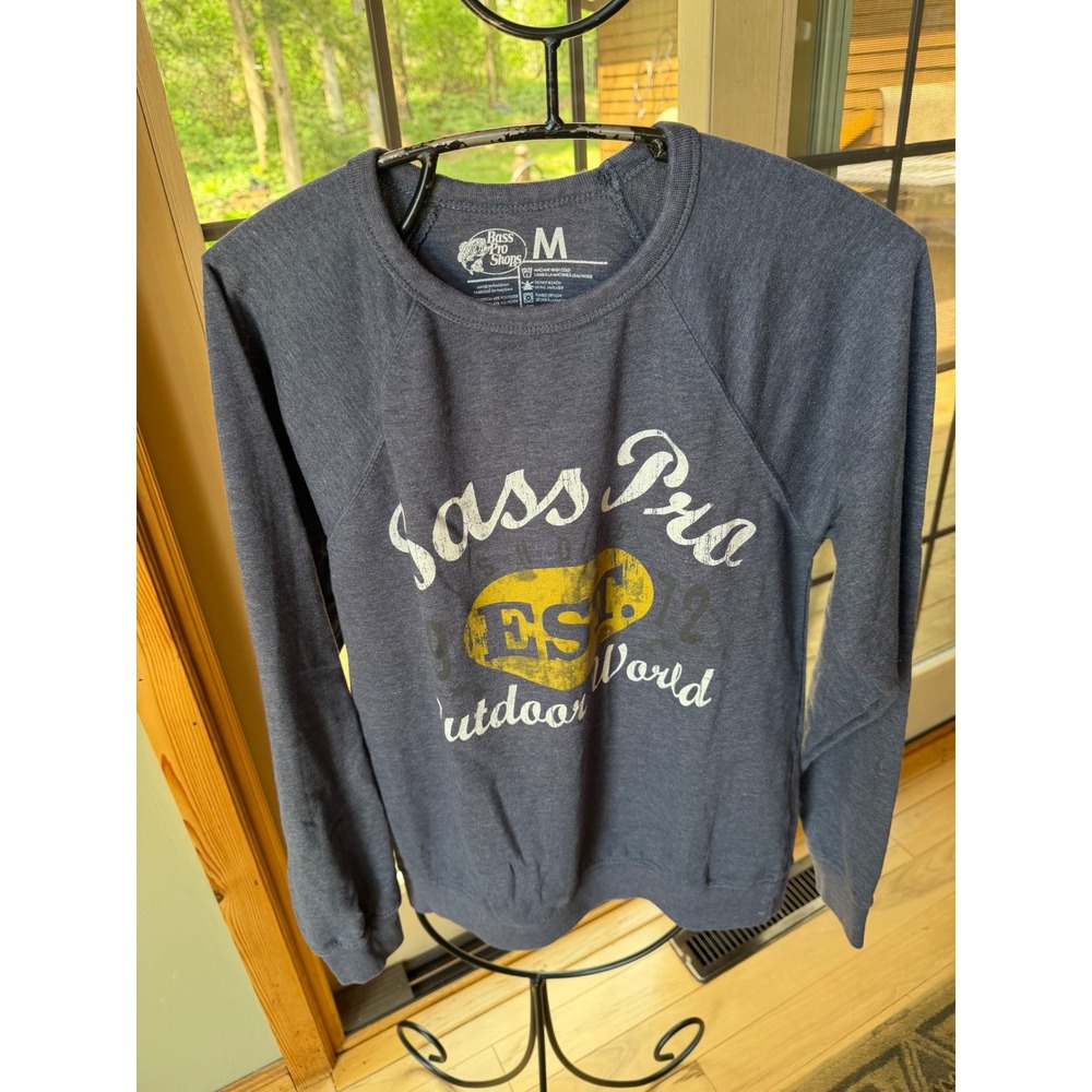 Bass Pro Shops Womens M Heather Navy Outdoor World Graphic Raglan Sweatshirt
